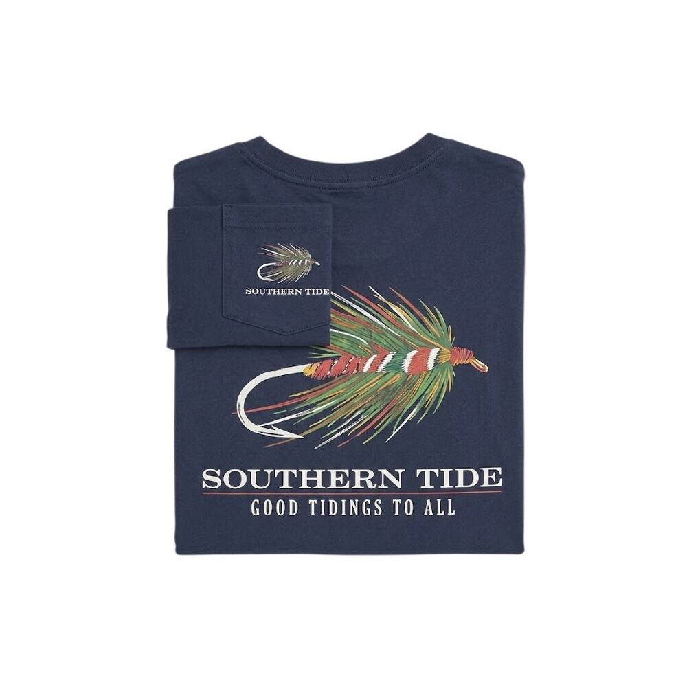 outhern Tide Mens Medium Navy Long Sleeve Christmas Holiday Fly Fishing T-Shirt